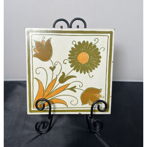 Hand Painted Glazed Terracotta 8x6 Tile Trivet Made in Italy Flowers Green Org